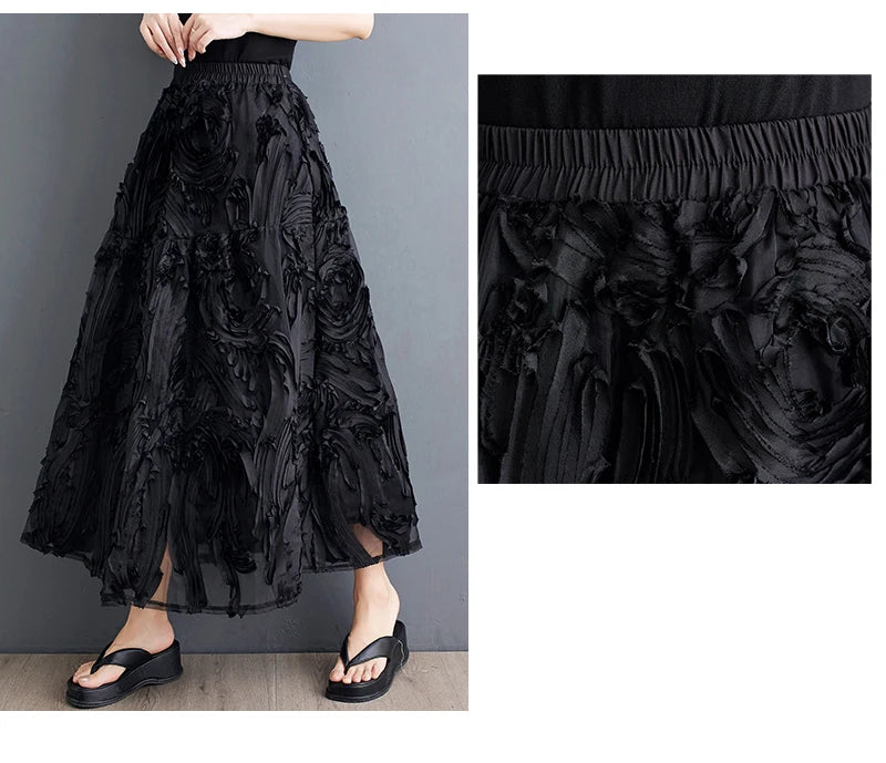 Black Skirt for Women Summer Fashin Heavyweight Chic Design Pleated A-line Easy Match Elastic Waist Dress Female Creative Skirt