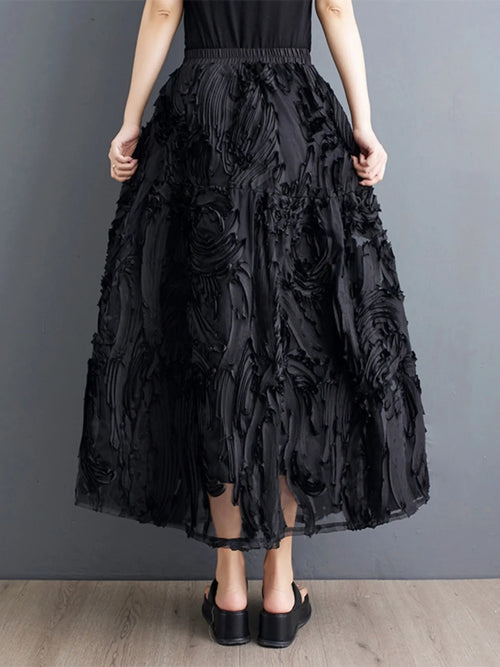 Black Skirt for Women Summer Fashin Heavyweight Chic Design Pleated A-line Easy Match Elastic Waist Dress Female Creative Skirt