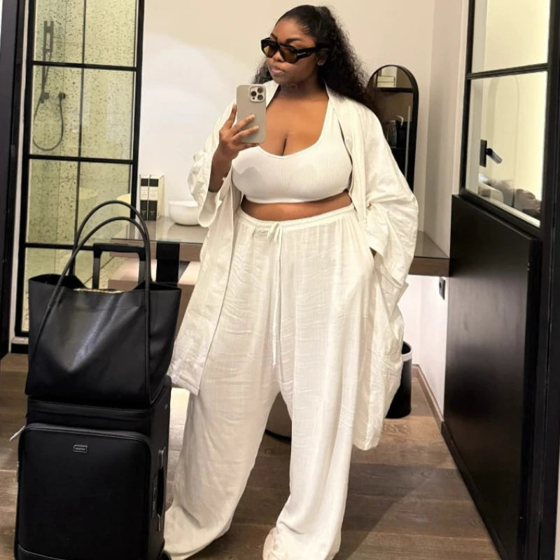 2026 Spring Summer Casual Women Two Piece Set Loose Open-front Long-sleeved Shirt And Pants Set