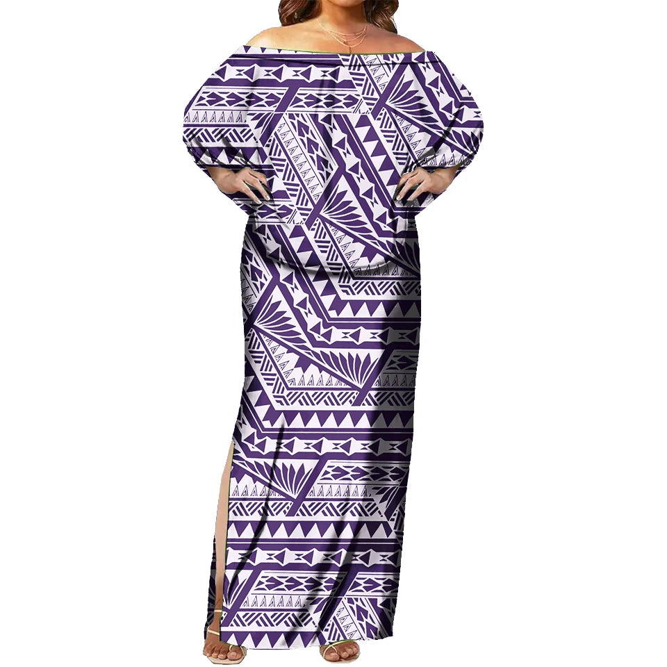 Tapa Tribal Design Sexy off Shoulder Sleeveless Dress Tropical Floral Print Polynesian Fashion Maxi Dress Tight