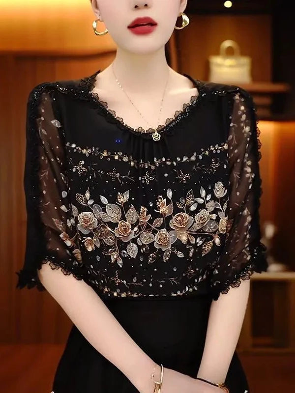 Slimming Effect Loose Fit round Neck mid Sleeve Fashionable Top for Older Women Comfortable Breathable Casual Wear