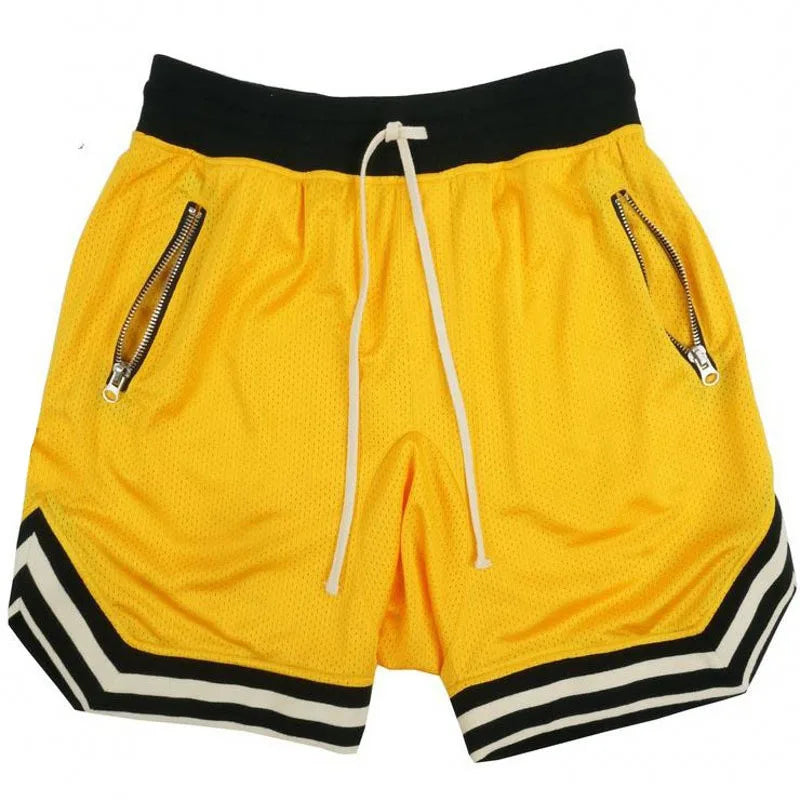 Men's zippered pocket drawstring shorts, sportswear, breathable, quick drying, comfortable, loose fitting color matching shorts,