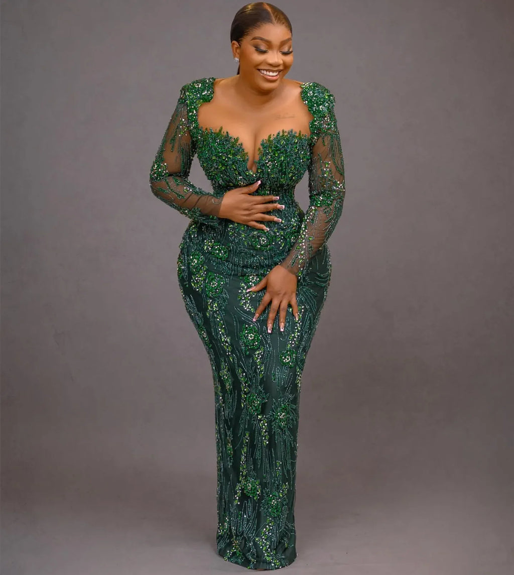 Aso Ebi Dark Green Mermaid Prom Dress Crystals Beaded Lace Evening Formal Party Second Reception 50th Birthday Engagement Gowns