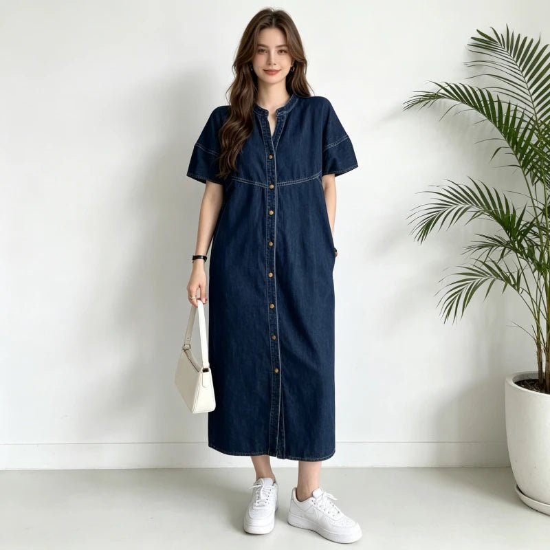 Long Dress Women Denim Dresses V Neck Short Sleeve A Line Vestidos Elegant Splice Single Breasted Y2k Streetwear Work Vintage