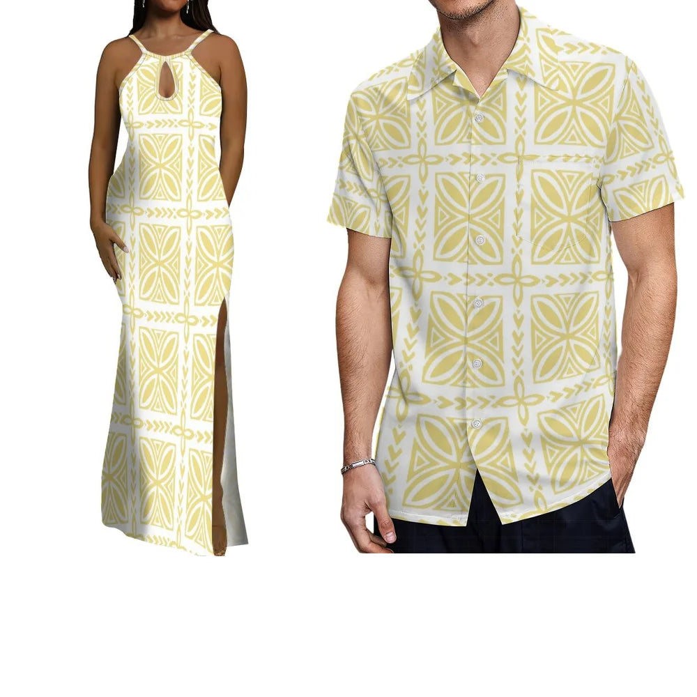 Polynesian Custom-Made Couple Set  Hawaiian-Style Printed Design  Vacation-Style Women'S Halter Dress  Men'S Pocket Shirt Top