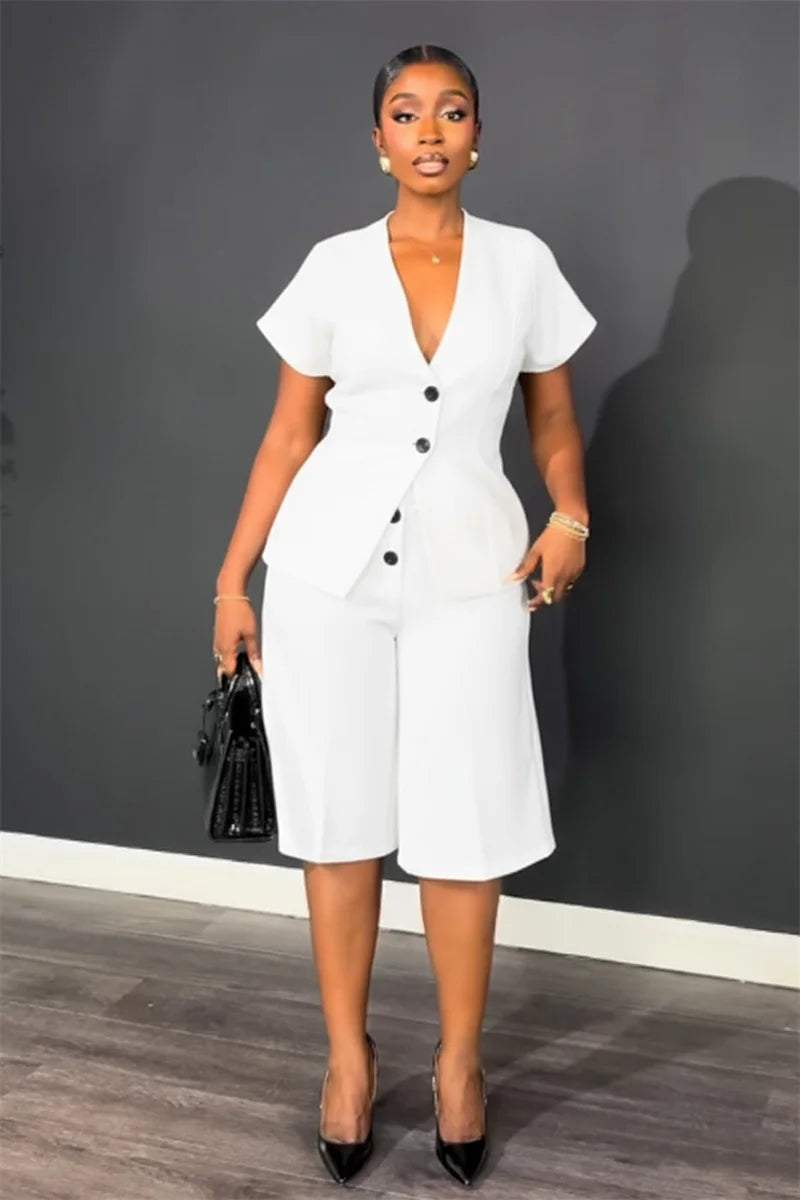 Doyerl Elegant Fashion Two Piece Set Woman Work Wear Office Lady Short Sleeve V-neck Top and Knee Length Shorts Matching Sets