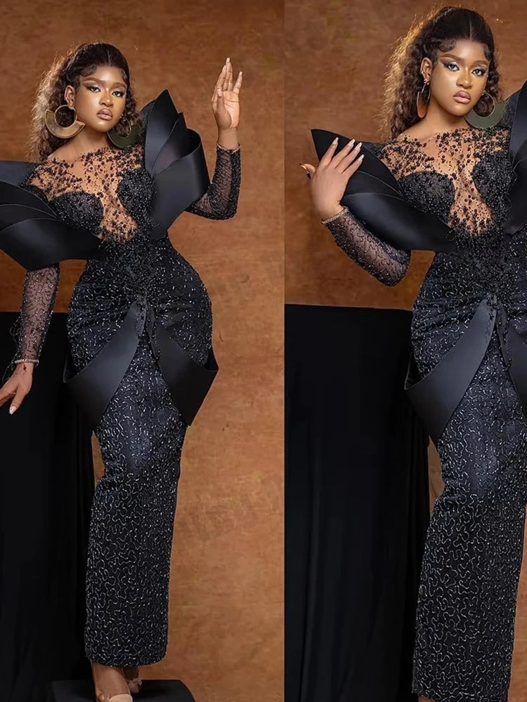 Black Lace Women's Evening Dresses Mermaid Elegant Round Neck Long Sleeve Princess Ball Gowns Formal Prom Party Customized Robe