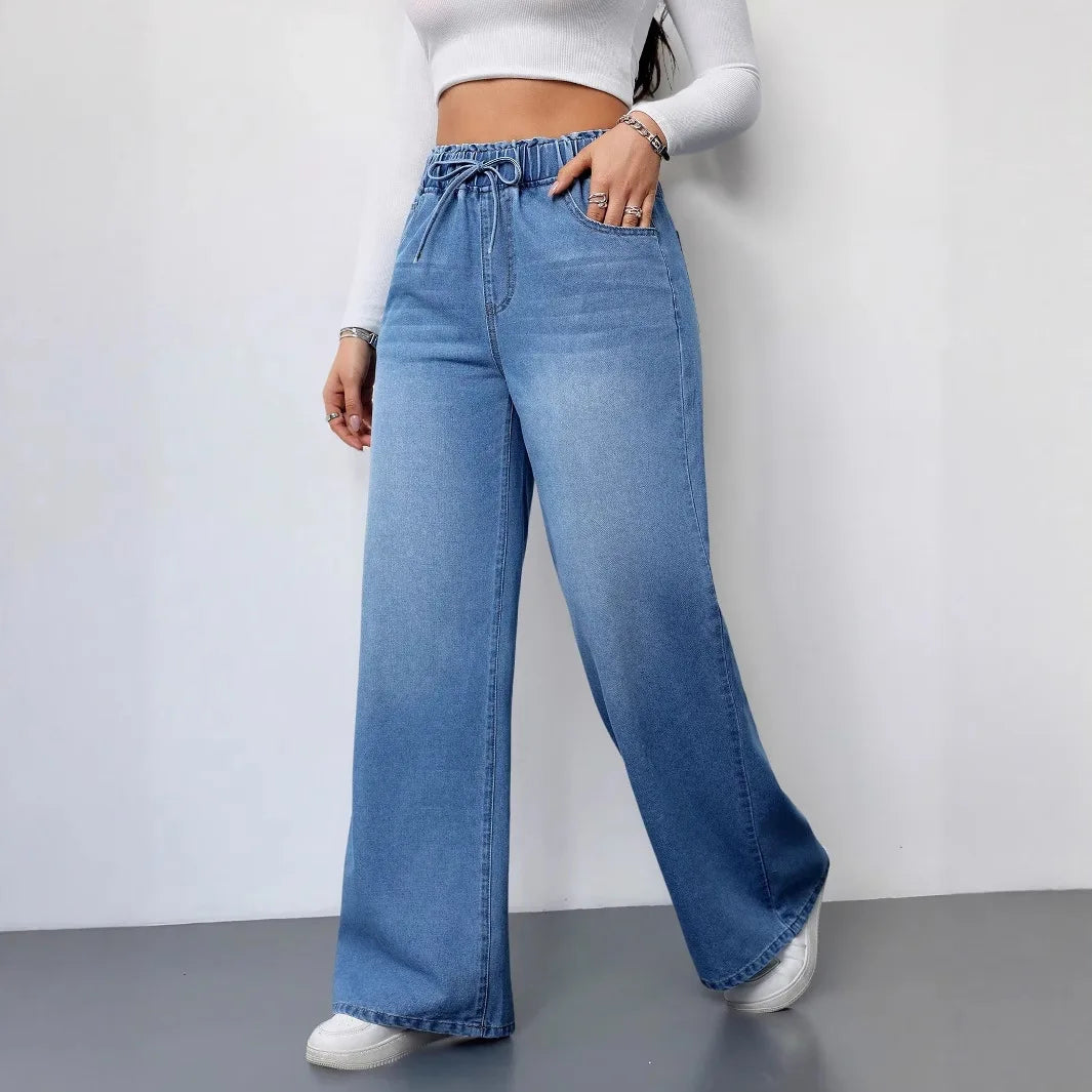 Light Blue Women's Denim Jean Pants High Waist Straight Leg Wide Leg Trousers Summer Casual Loose Fit Jeans