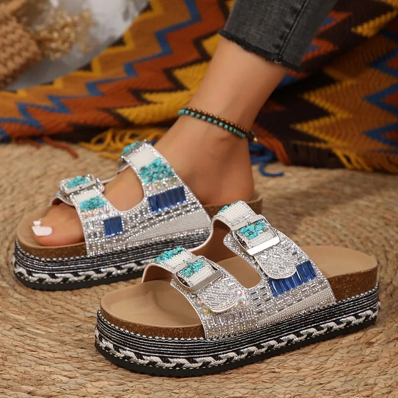 Metal Buckle Soft Sole Flip-flops Women's Outer Summer New Fashion and Versatile Rhinestone Wedge Non-slip Cool Slippers