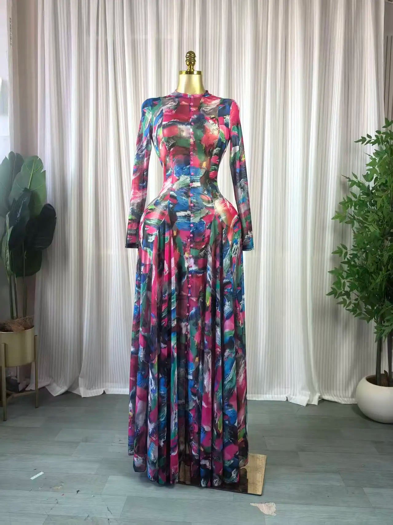 CM.YAYA Women O-neck Long Sleeve Big Swing Tie Dye Print Long Dress 2026 Sexy Parties Evening Vacation Maxi Dresses Vestidos