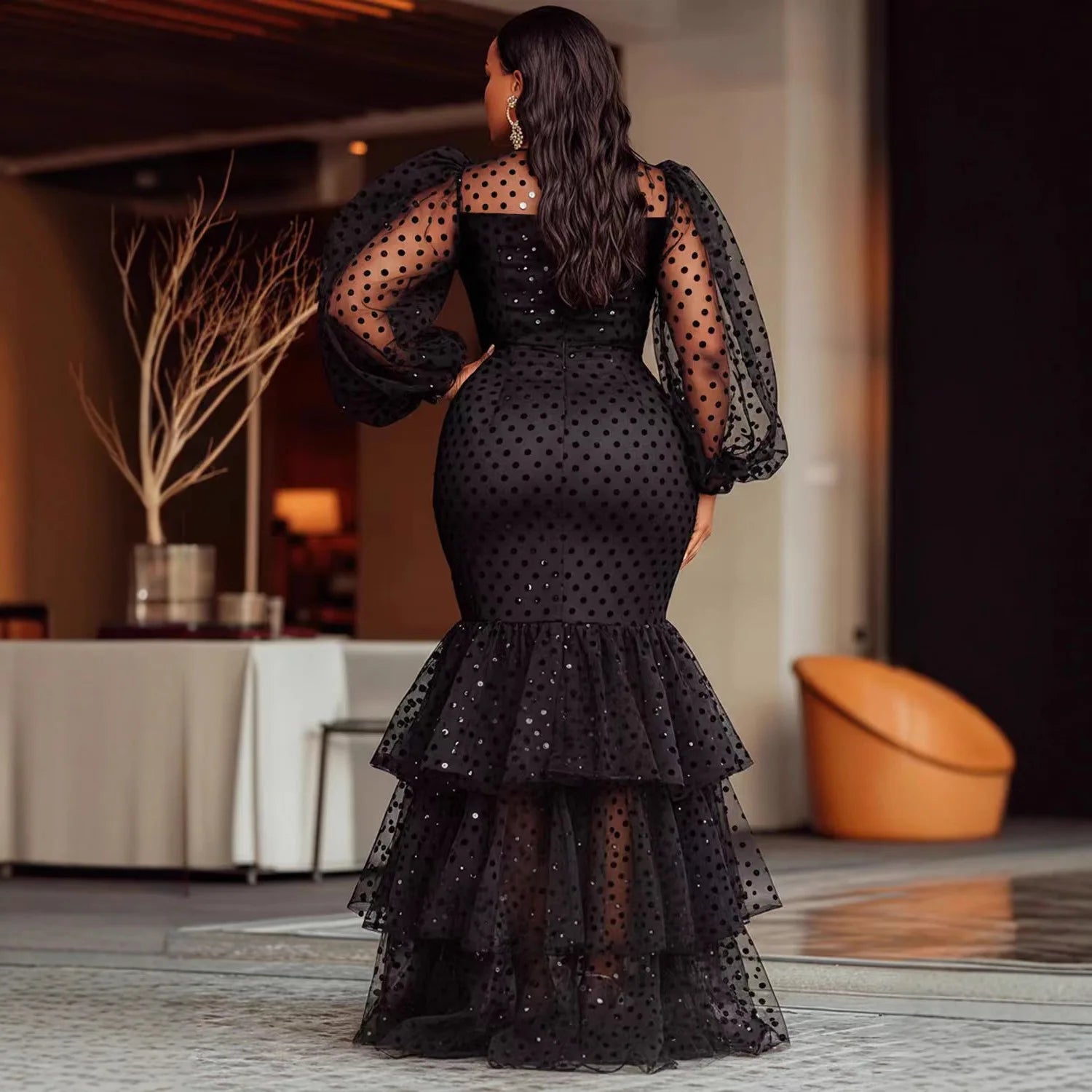 Sexy Large Size Bubble Flocking Polka Dot Dress Cross-Border Women's Fashion Autumn Winter New Arrival Elegant Commute Style