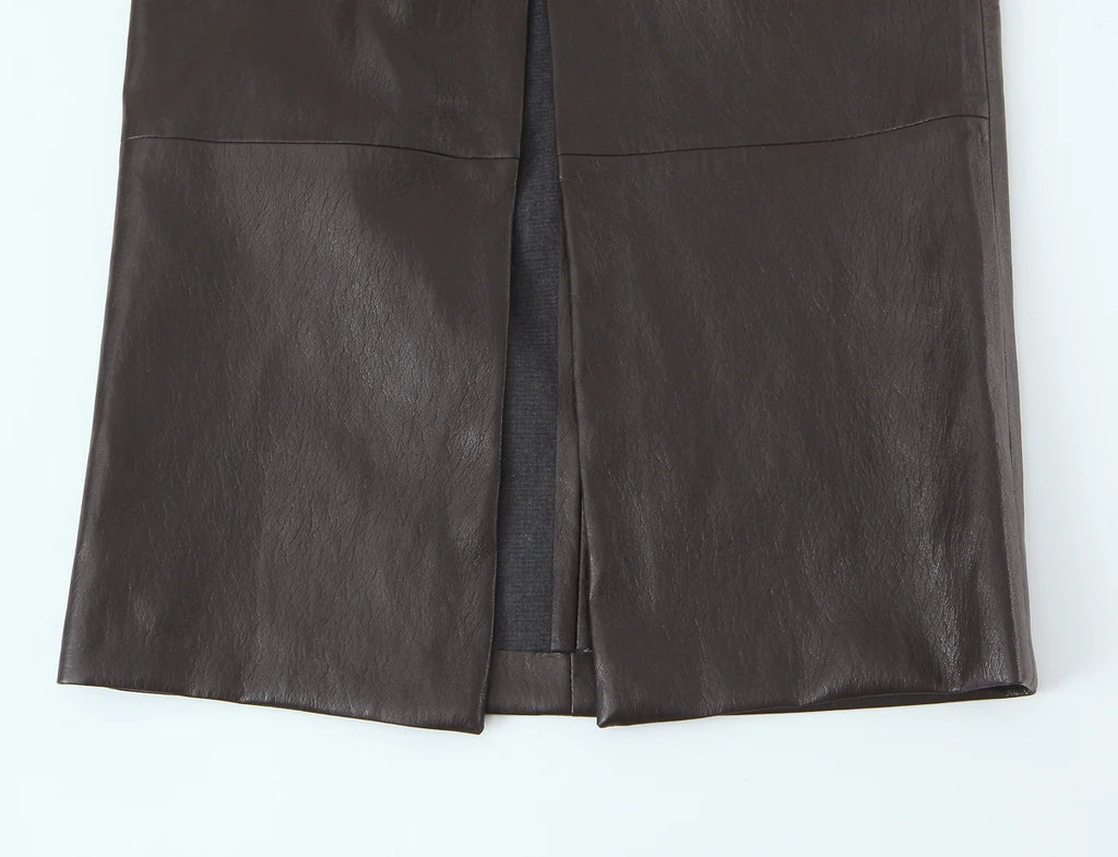 HH Women Elegant Fashion Faux Leather Vest Skirts Suits O Neck Belt Tops Slit Midi Skirt Casual Office Lady Chic 2 Piece Set