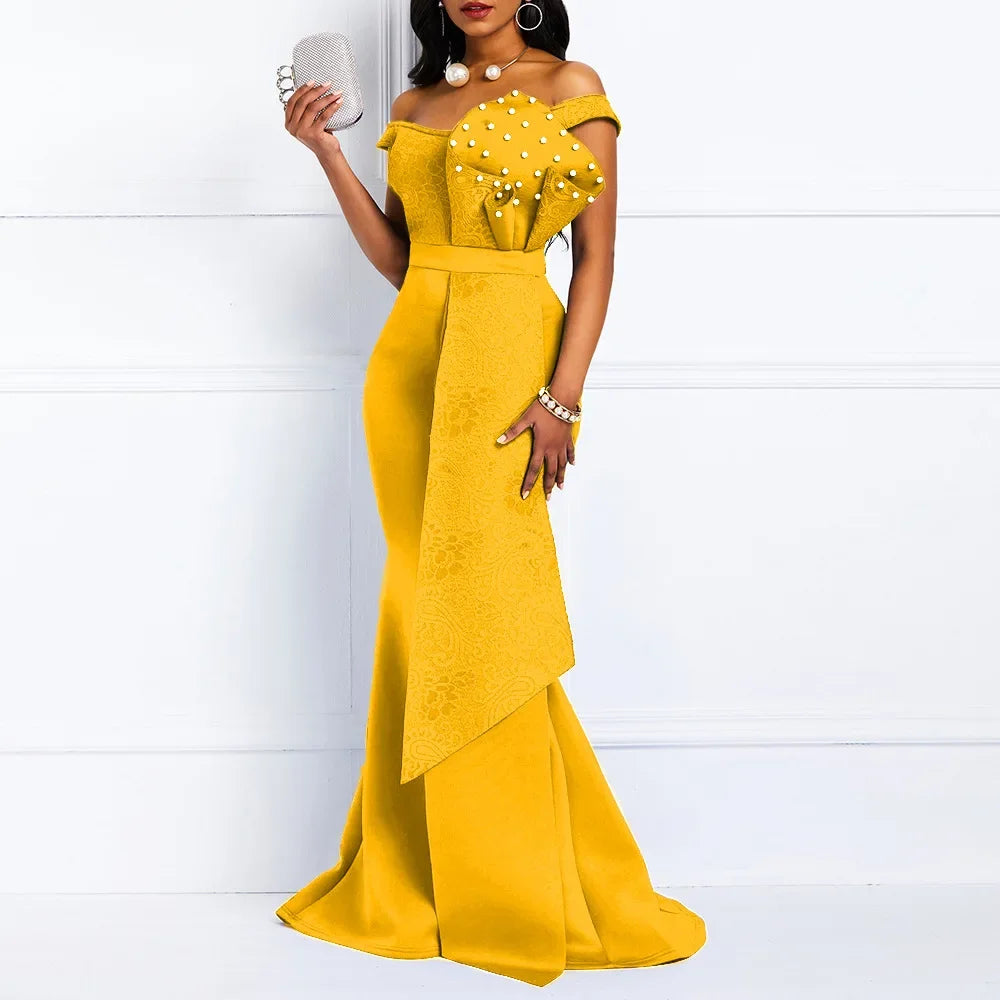 2021 Winter Women Slash Neck Short Sleeve Pearl Dress Sexy Office Lady Africa Evening Night Club Party Long Maxi Dresses GL05143