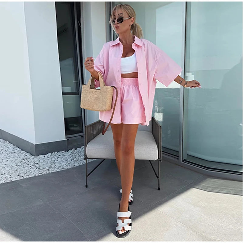 Lapel Short Sleeve Pocket Solid Color Shirt Pants Set Loose Fit Straight Leg Trouser 2026 Spring Casual Women Daily Outfit
