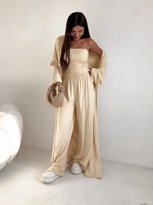 Summer Women's Clothing Casual 3Pcs Strapless Vest Long Cardigan Wide-Leg Pants Suit Lady Elegant Office Wear Outfits for Female