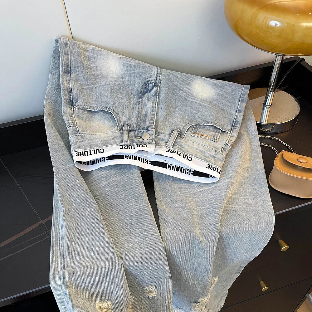 American Vintage Ripped Patchwork Jeans for Women Light Blue High Waist Straight Loose Denim Pants Spring Fall Wide Leg Trousers