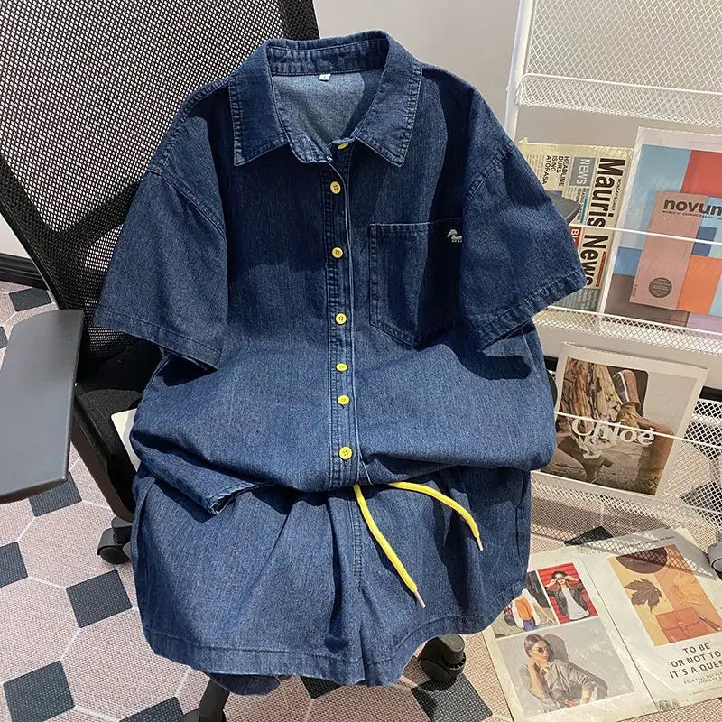 Denim Pant Set Women Two Piece Sets Turn Down Collar Shirt Tops Short Pants Lace Up Elastic Waist Y2k Streetwear Elegant Casual