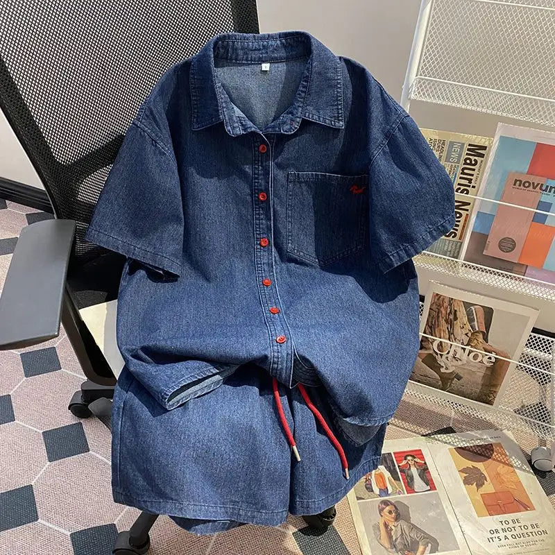 Denim Pant Set Women Two Piece Sets Turn Down Collar Shirt Tops Short Pants Lace Up Elastic Waist Y2k Streetwear Elegant Casual