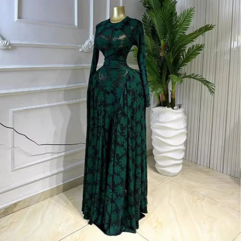 New Fashion Mesh Printed Full Sleeve Long Dress Sexy Patchwork Slim Wasit Big Swing A-line Shape Maxi Dress