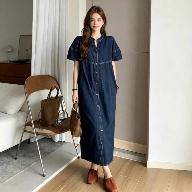 Long Dress Women Denim Dresses V Neck Short Sleeve A Line Vestidos Elegant Splice Single Breasted Y2k Streetwear Work Vintage