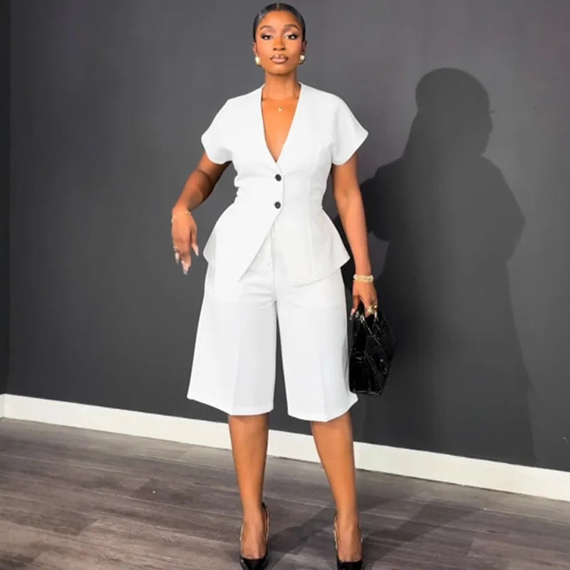 Doyerl Elegant Fashion Two Piece Set Woman Work Wear Office Lady Short Sleeve V-neck Top and Knee Length Shorts Matching Sets