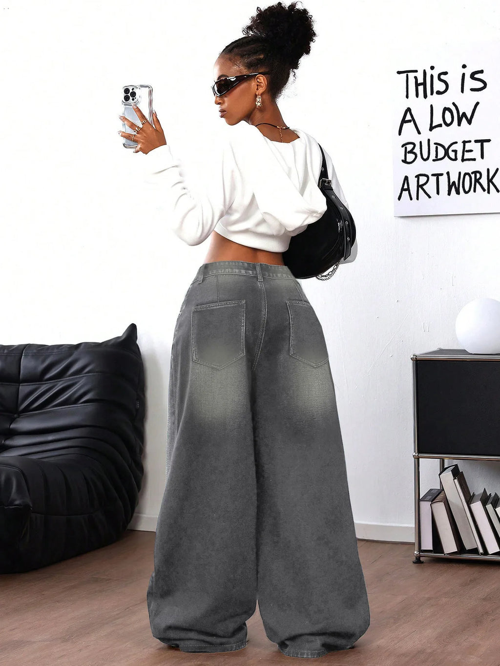 Grey Washed Loose Women's Long Floor-Length Wide Leg Jeans Casual Straight Cut Trousers Comfortable Cotton Denim Jeans