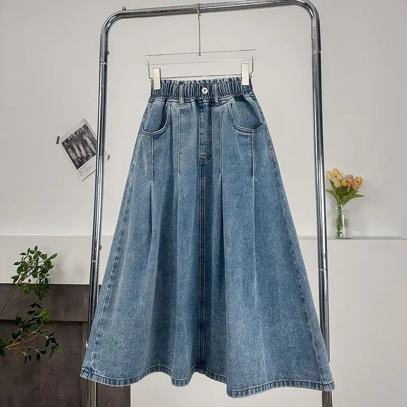 New Denim Long Skirt High Waist Loose Solid Leisure A- Line Umbrella Skirt Spring Autumn Fashion Women's Half Body Skirt