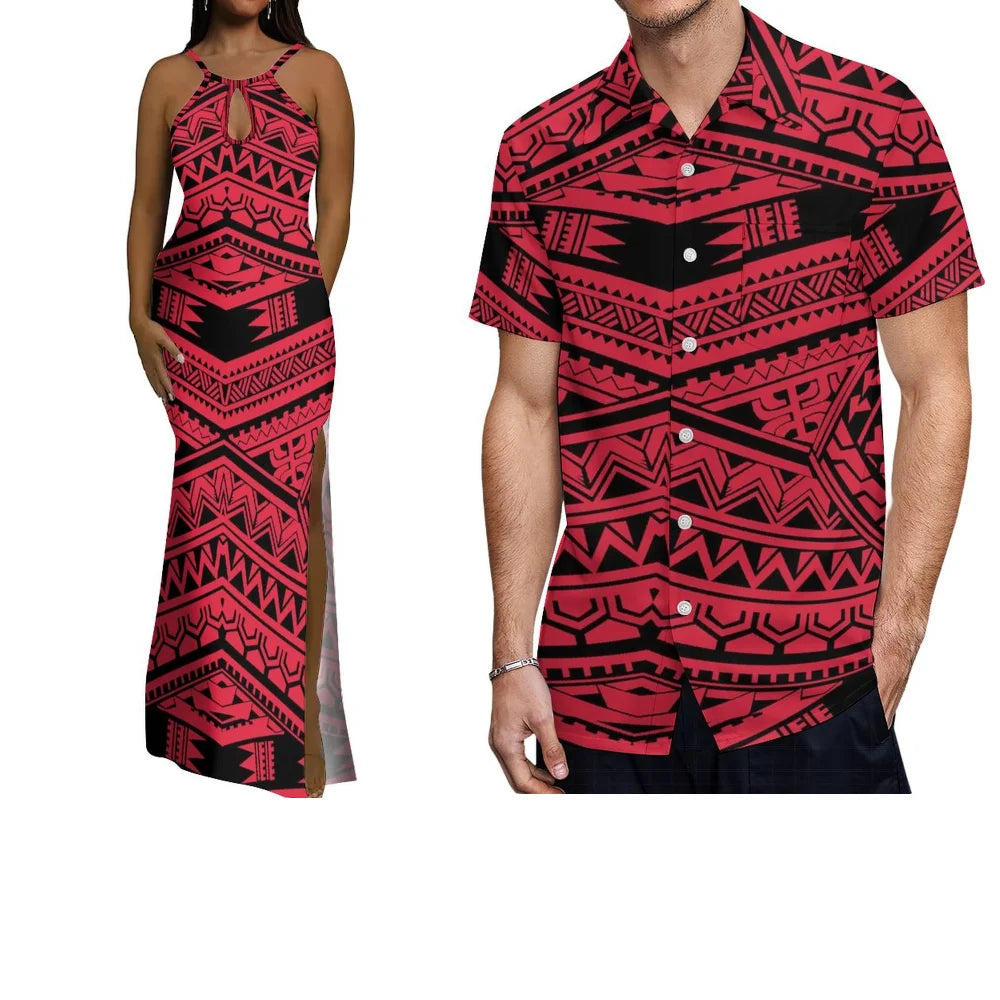Polynesian Custom-Made Couple Set  Hawaiian-Style Printed Design  Vacation-Style Women'S Halter Dress  Men'S Pocket Shirt Top
