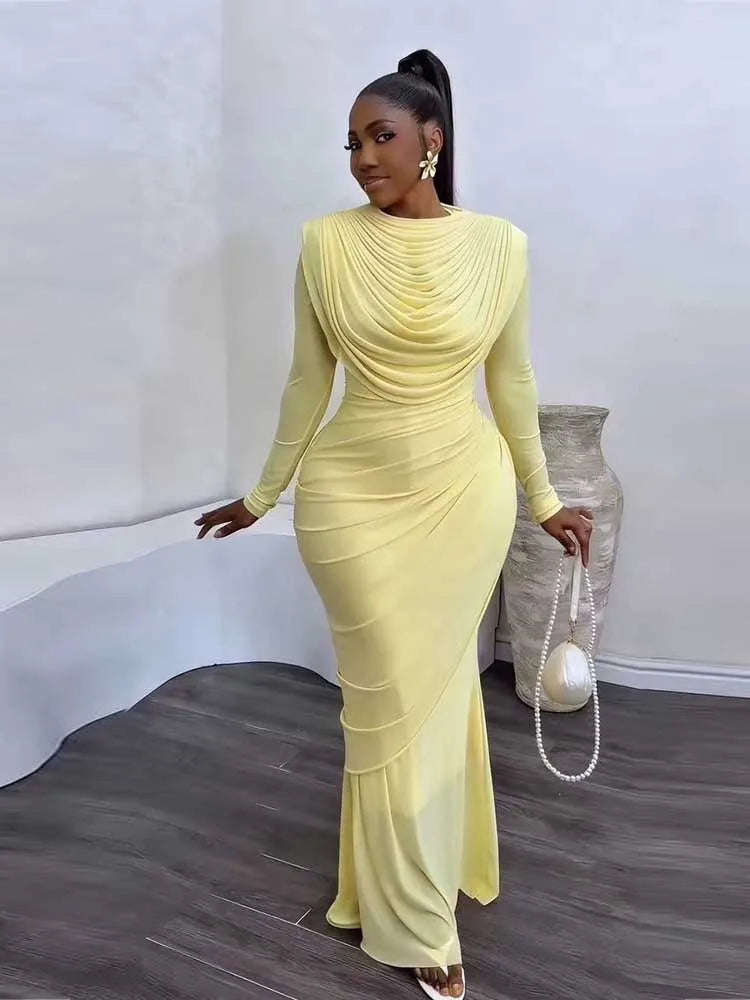 Chic and Elegant Women's Evening Dress Mesh Draped Collar Long Sleeve Bodycon Mid Dress Slim High Waisted Sexy Ladies Dress