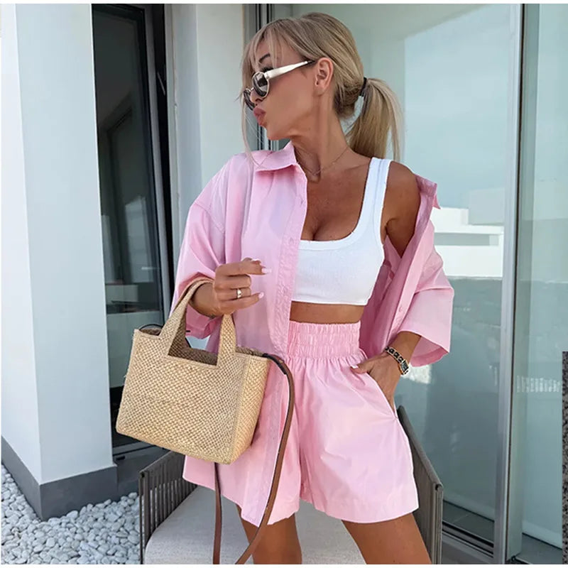 Lapel Short Sleeve Pocket Solid Color Shirt Pants Set Loose Fit Straight Leg Trouser 2026 Spring Casual Women Daily Outfit