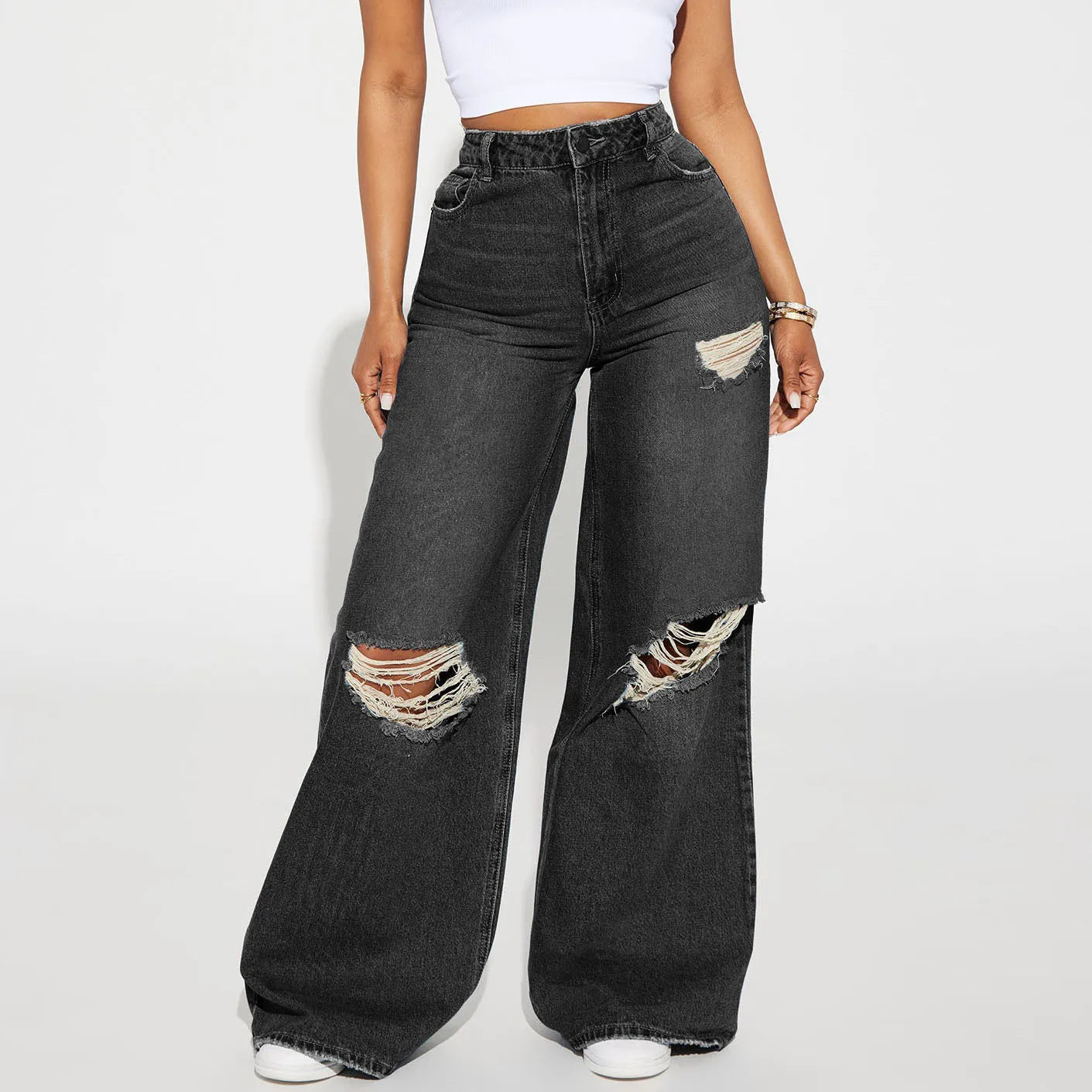The New Fashion High-waisted Wide-leg Jeans for Autumn and Winter.Personality Washed Holes Loose Casual Floor-length Jeans Women