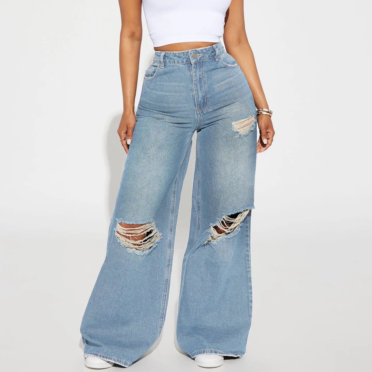 The New Fashion High-waisted Wide-leg Jeans for Autumn and Winter.Personality Washed Holes Loose Casual Floor-length Jeans Women