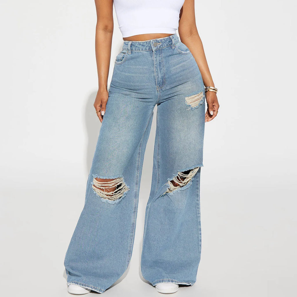 The New Fashion High-waisted Wide-leg Jeans for Autumn and Winter.Personality Washed Holes Loose Casual Floor-length Jeans Women
