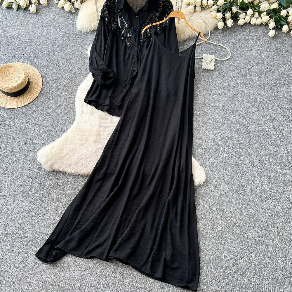 Women Two Piece Sets Dress Set Full Sleeve Shirt Casual Loose Long Dresses Sling A Line Y2k Streetwear Elegant Work Summer 2026