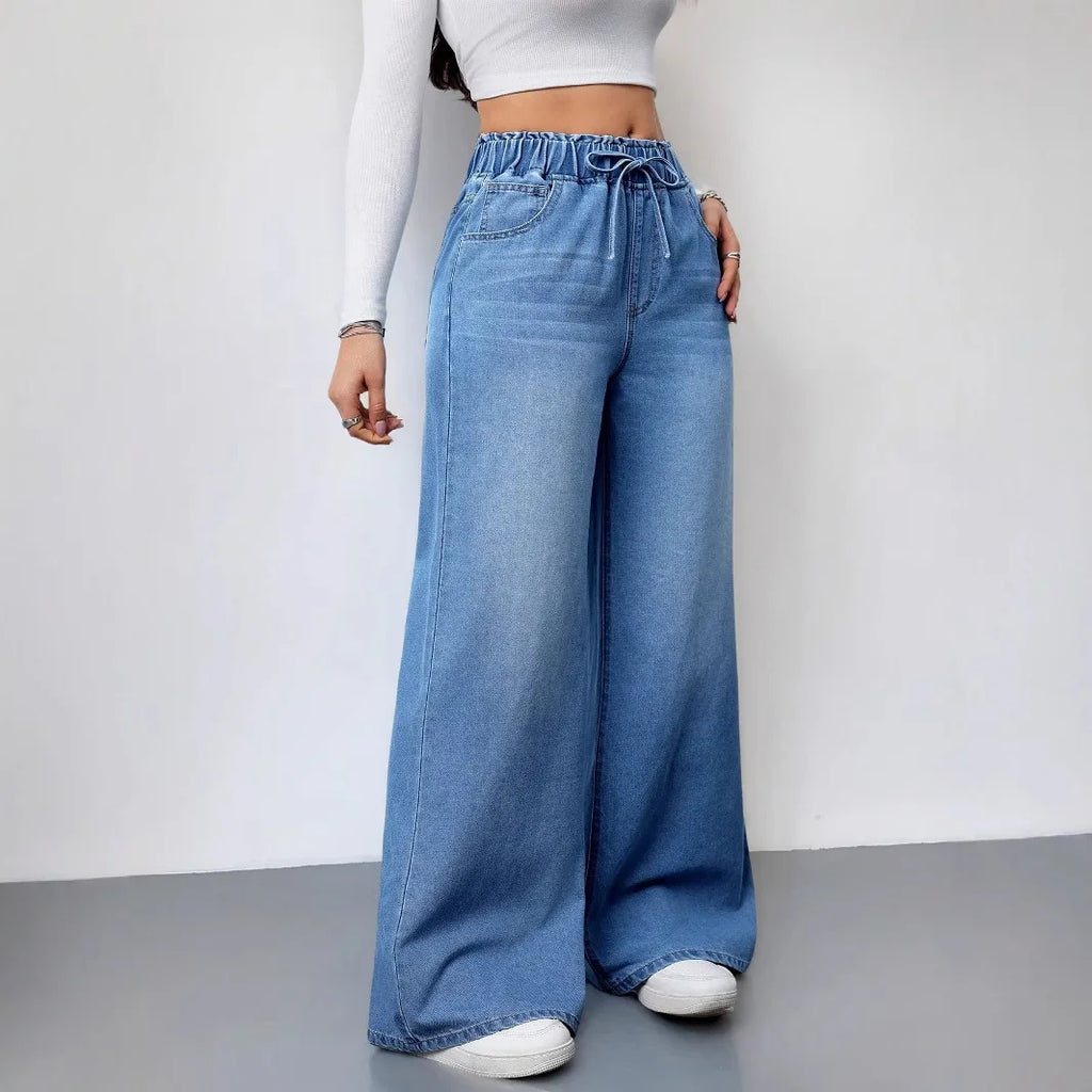 Retro Heavyweight Light Blue Denim High Waist Loose Straight Elastic Waist Wide Leg Pants Women Summer Design Sense Jeans
