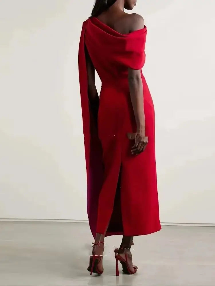 Women's Red Evening Dresses Satin One Shoulder Party Dresses 2025 Backless Mermaid Side Straps With Long Ribbons Customized