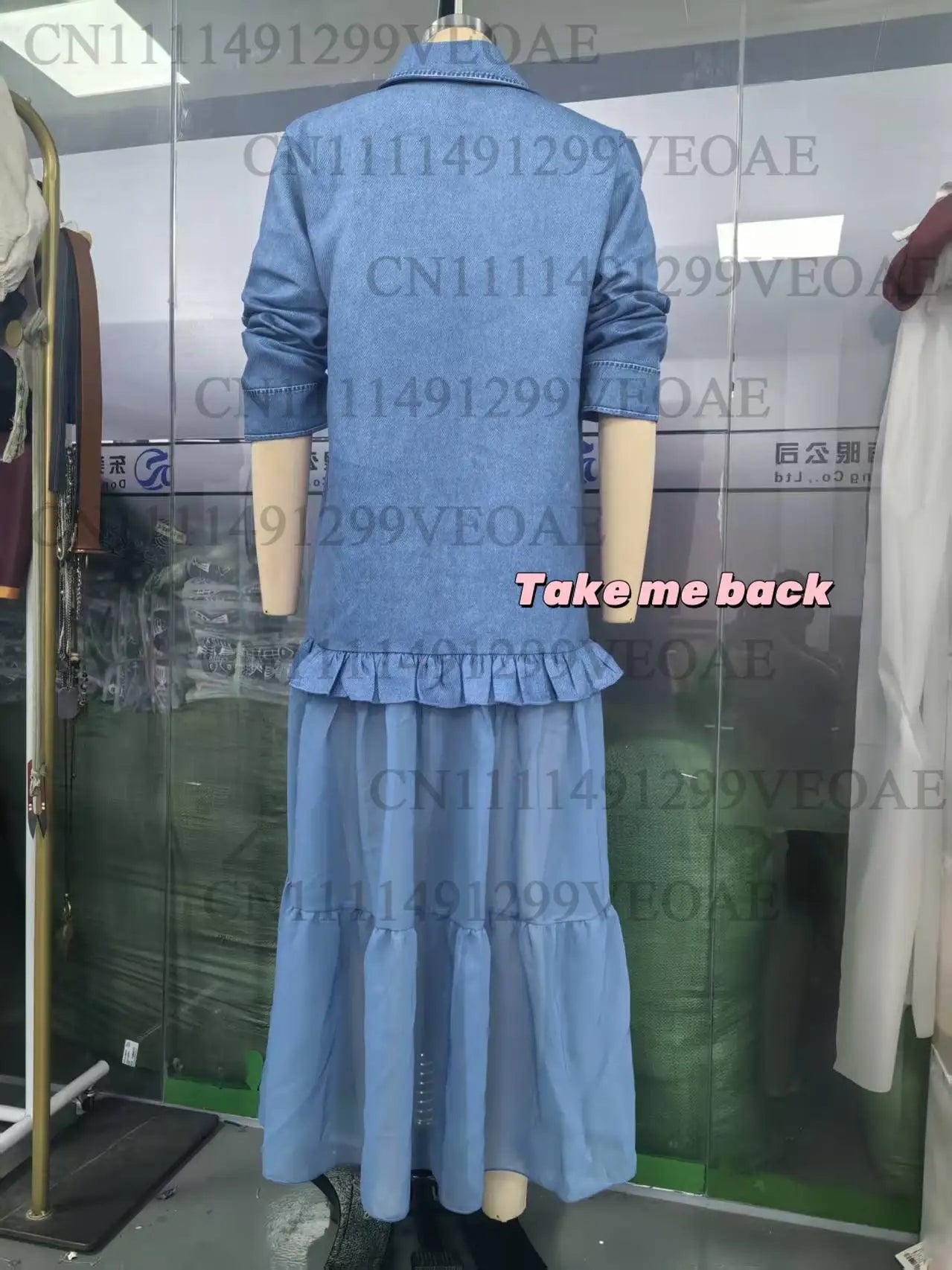 Women's Denim Maxi Dress Mesh Splice Long Sleeve Turn Down Collar Single-breasted Belted Organza Hem Casual Elegant Shirt Dress