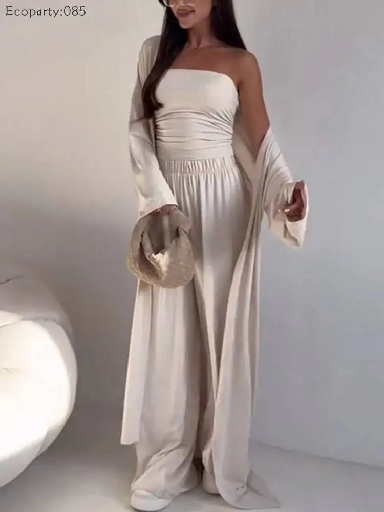 Summer Women's Clothing Casual 3Pcs Strapless Vest Long Cardigan Wide-Leg Pants Suit Lady Elegant Office Wear Outfits for Female