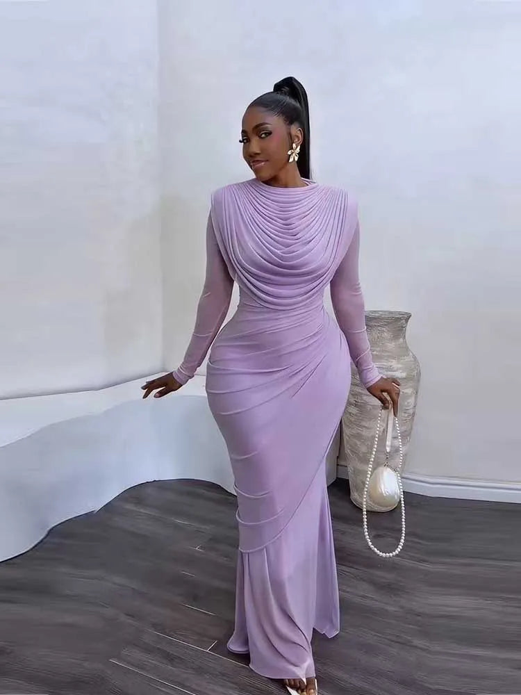 Chic and Elegant Women's Evening Dress Mesh Draped Collar Long Sleeve Bodycon Mid Dress Slim High Waisted Sexy Ladies Dress