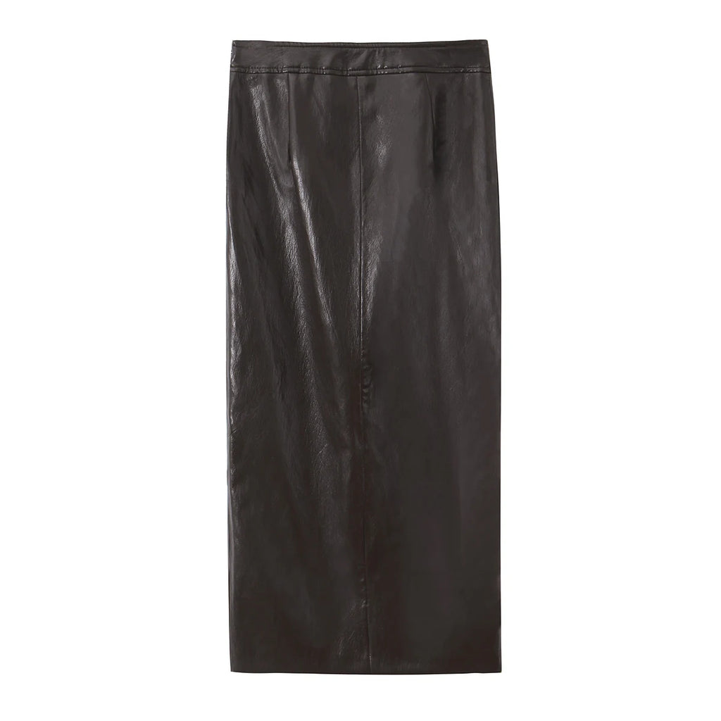 HH Women Elegant Fashion Faux Leather Vest Skirts Suits O Neck Belt Tops Slit Midi Skirt Casual Office Lady Chic 2 Piece Set