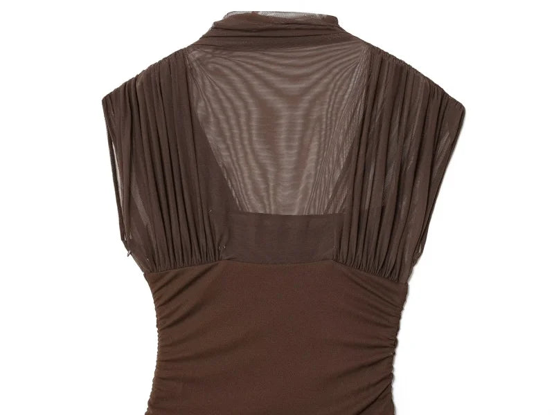 ETJ 2025 new women's party sexy see-through long dress fashion silk mesh stitching stand collar sleeveless dress