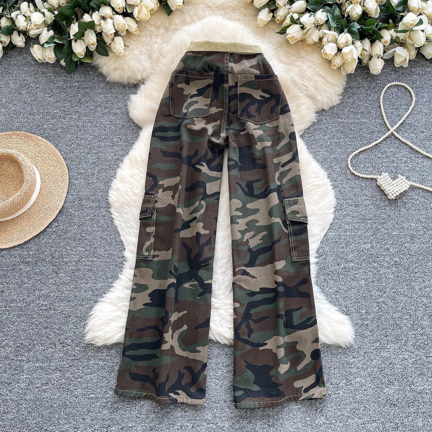 SINGREINY Camouflage Printed Wide Leg Pants women 2025 Autumn Workwear Style Casual Britches Straight Leg Denim Vintage Trousers