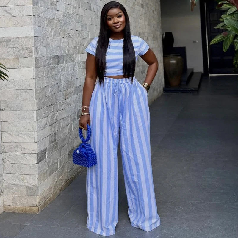 New African Fashion Women Two Piece Set Striped Printed Slim Crop Top And Loose Wide Leg Pants Set