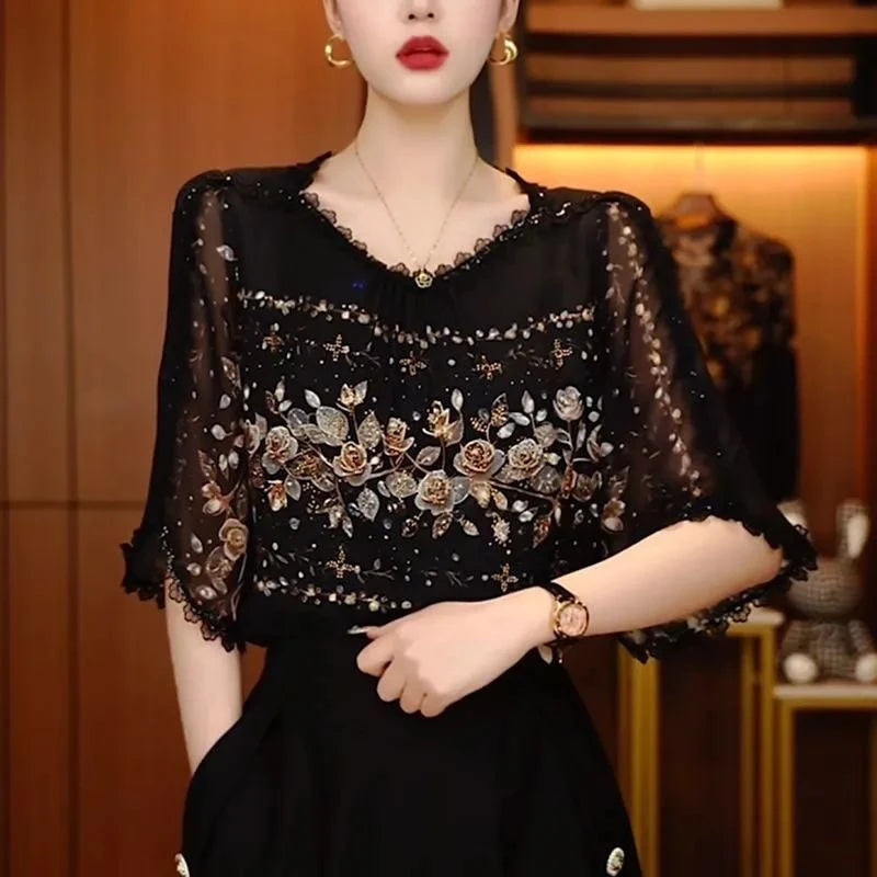 Slimming Effect Loose Fit round Neck mid Sleeve Fashionable Top for Older Women Comfortable Breathable Casual Wear