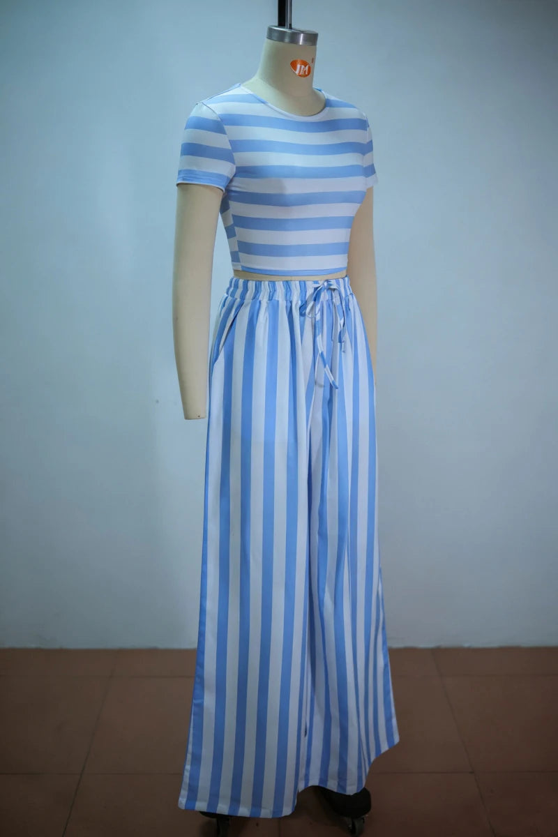New African Fashion Women Two Piece Set Striped Printed Slim Crop Top And Loose Wide Leg Pants Set