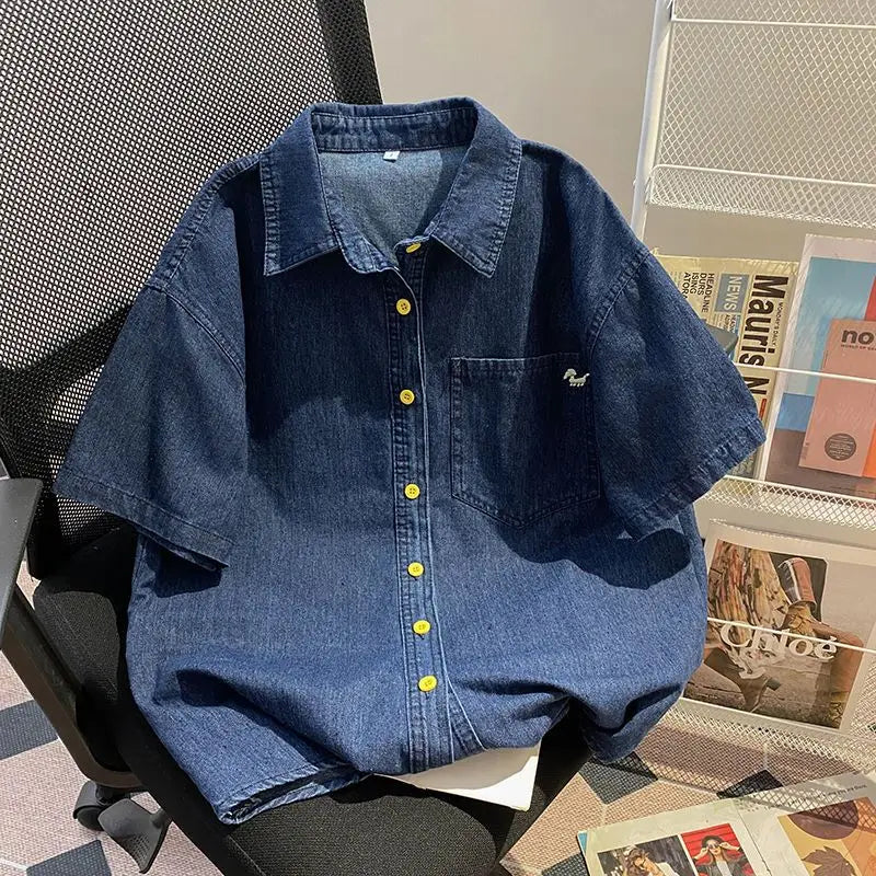 Denim Pant Set Women Two Piece Sets Turn Down Collar Shirt Tops Short Pants Lace Up Elastic Waist Y2k Streetwear Elegant Casual