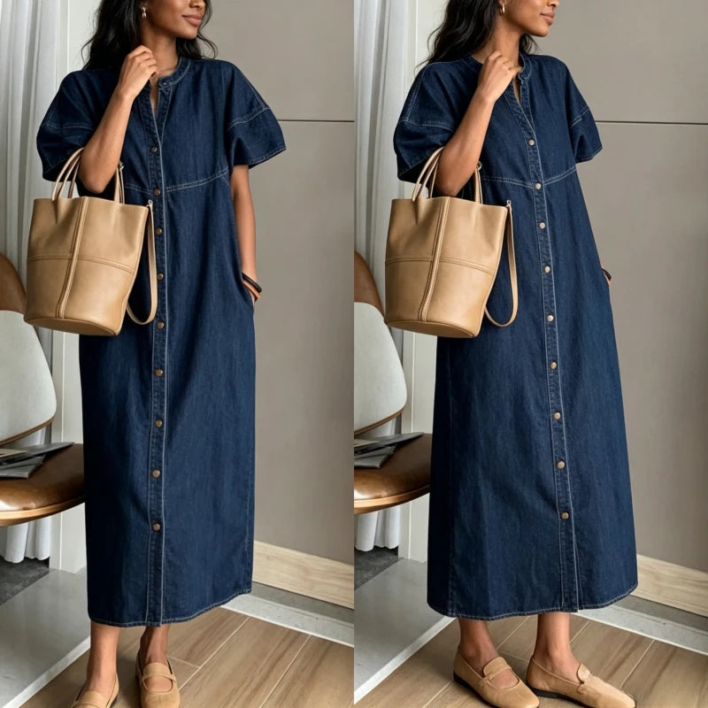 Long Dress Women Denim Dresses V Neck Short Sleeve A Line Vestidos Elegant Splice Single Breasted Y2k Streetwear Work Vintage