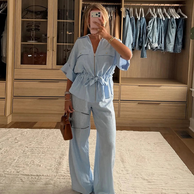 Lapel Short Sleeve Pocket Solid Color Shirt Pants Set Loose Fit Straight Leg Trouser 2026 Spring Casual Women Daily Outfit