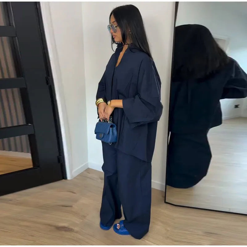 Lapel Short Sleeve Pocket Solid Color Shirt Pants Set Loose Fit Straight Leg Trouser 2026 Spring Casual Women Daily Outfit