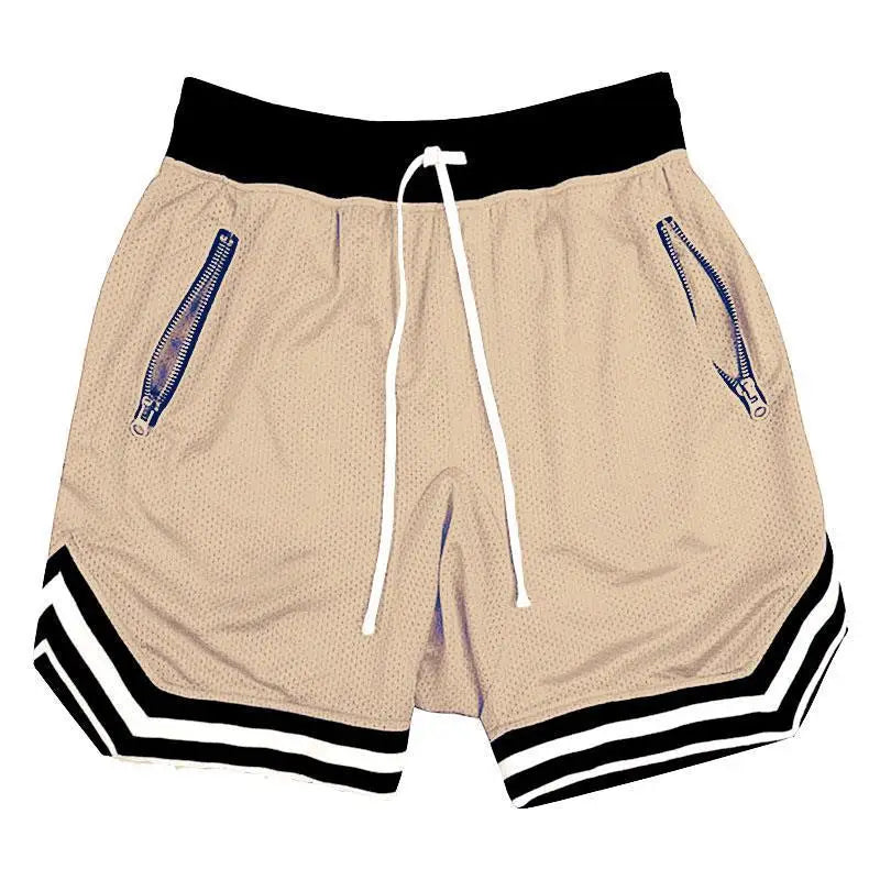 Men's zippered pocket drawstring shorts, sportswear, breathable, quick drying, comfortable, loose fitting color matching shorts,